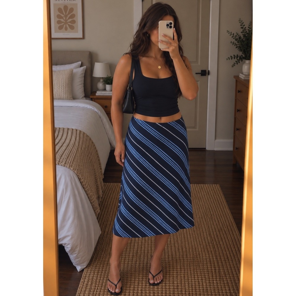 Talbots 100% Silk Striped Midi Skirt Navy Blue 10P A-Line 90s Office Siren